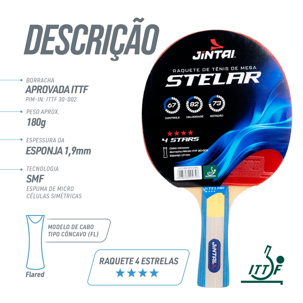 Raquete de Tênis de Mesa Jintai Stelar 4 Estrelas — Lâmina 5 Camadas