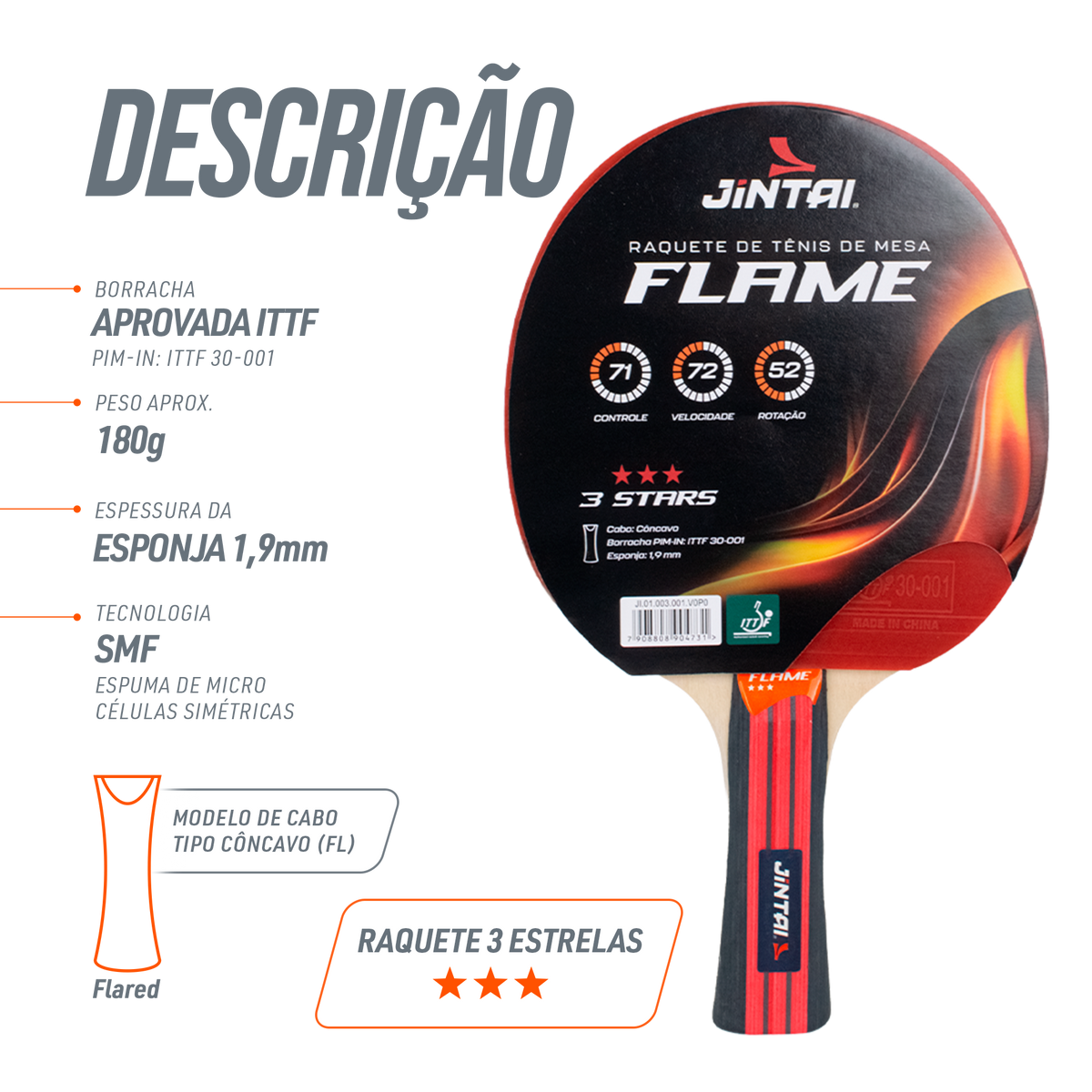 Raquete de Tênis de Mesa Jintai Flame — Borracha Aprovada pela ITTF
