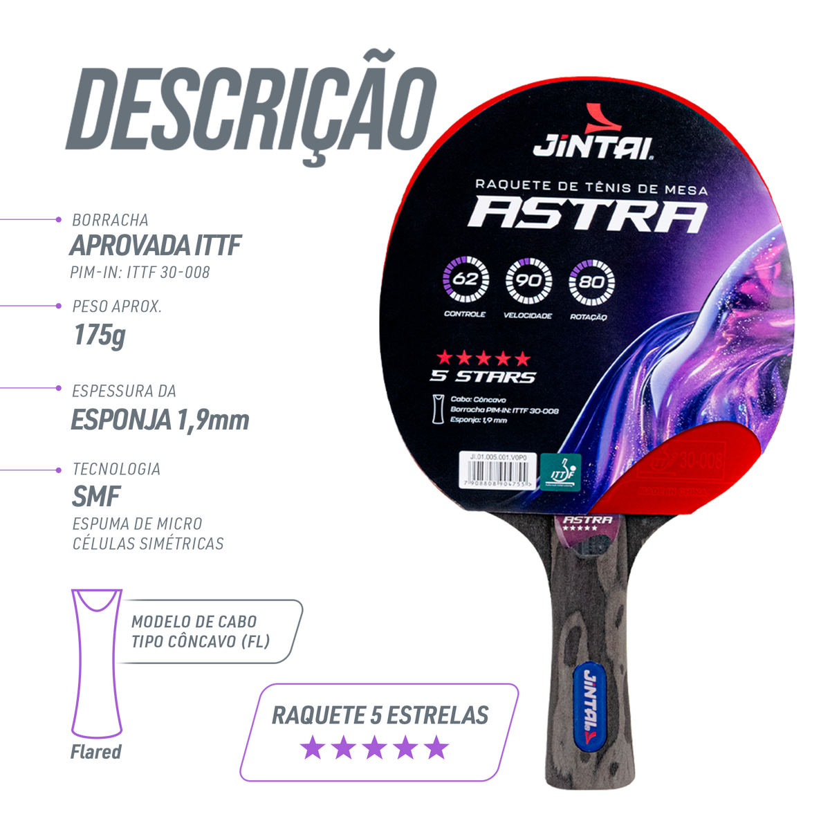 Raquete de Tênis de Mesa Jintai Astra — Alta Performance Aprovada pela ITTF