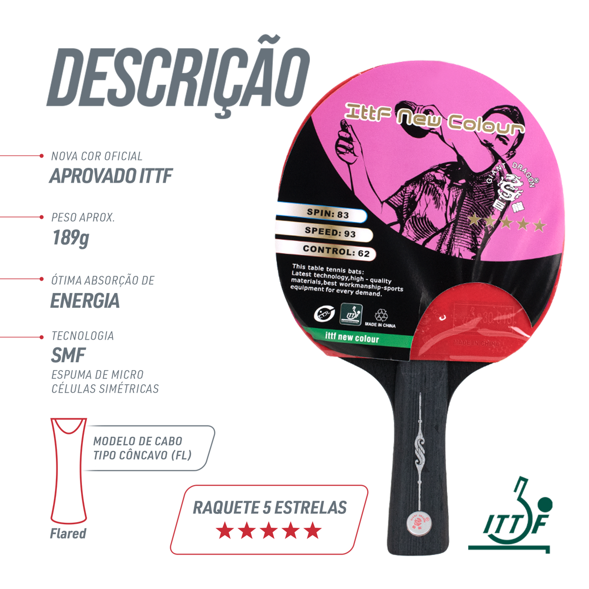 Raquete Tênis de Mesa Commander Giant Dragon 5 Estrelas ITTF