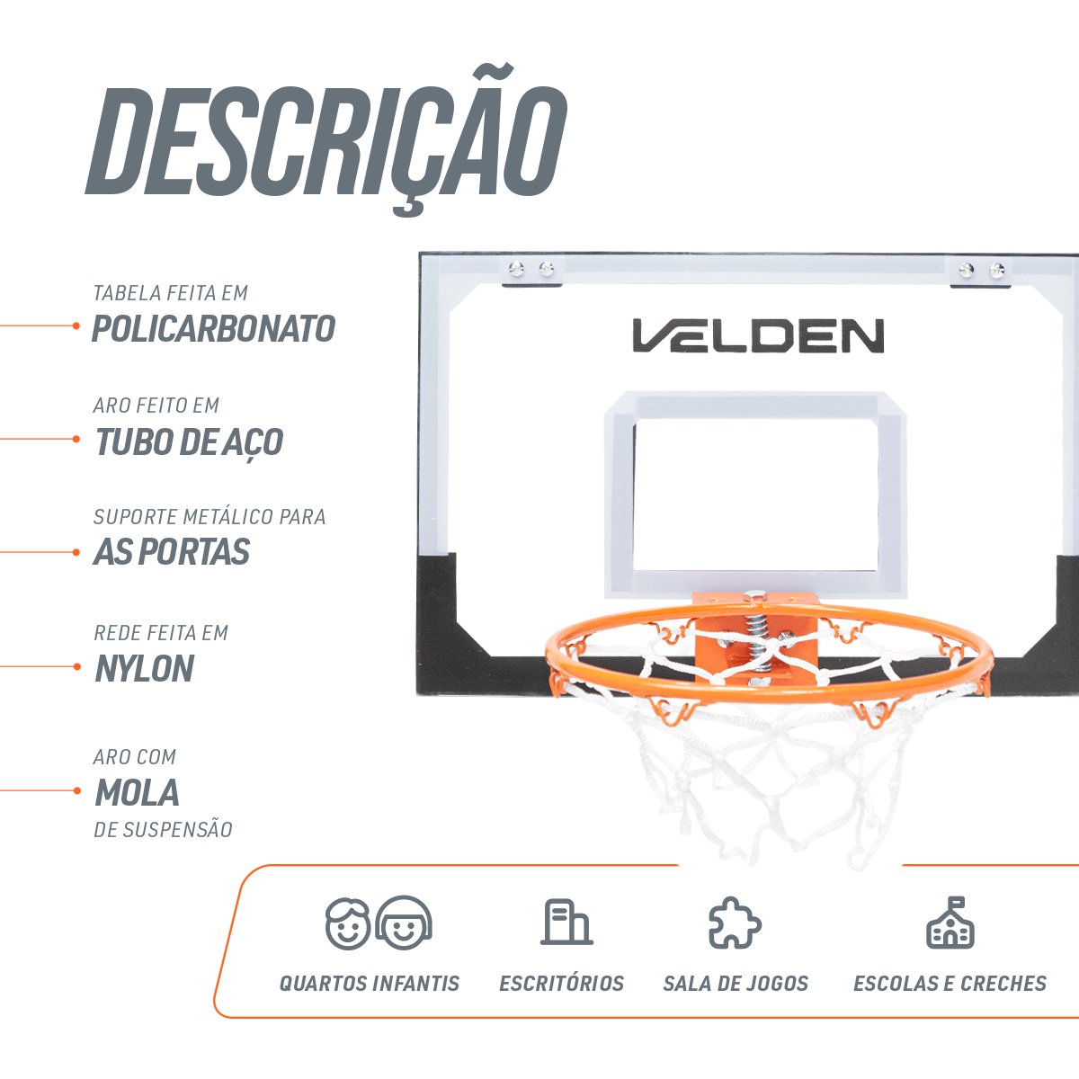 Mini Tabela de Basquete 45x30cm para Porta ou Parede Velden