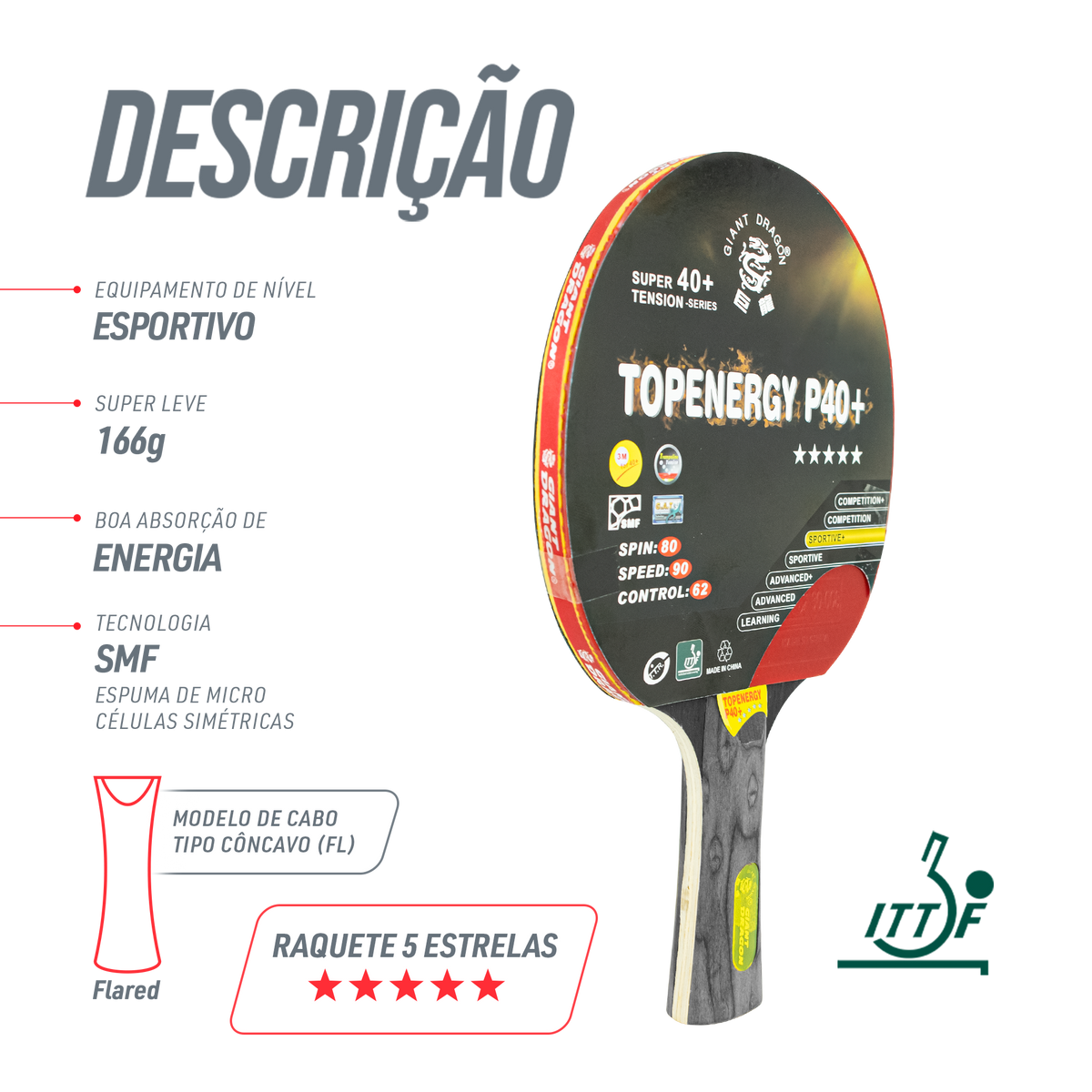 Raquete de Tênis de Mesa Giant Dragon TopEnergy 5 Estrelas