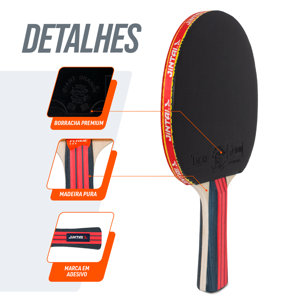 Raquete de Tênis de Mesa Jintai Flame — Borracha Aprovada pela ITTF