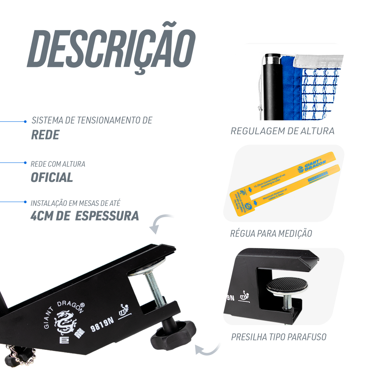 Rede de Tênis de Mesa Giant Dragon - Aprovada pela ITTF