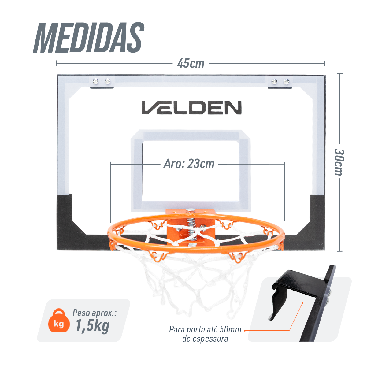 Mini Tabela de Basquete 45x30cm para Porta ou Parede Velden