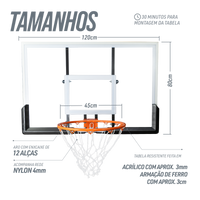 Tabela de basquete de parede quadro transparente de 120x80cm com aro e rede Velden