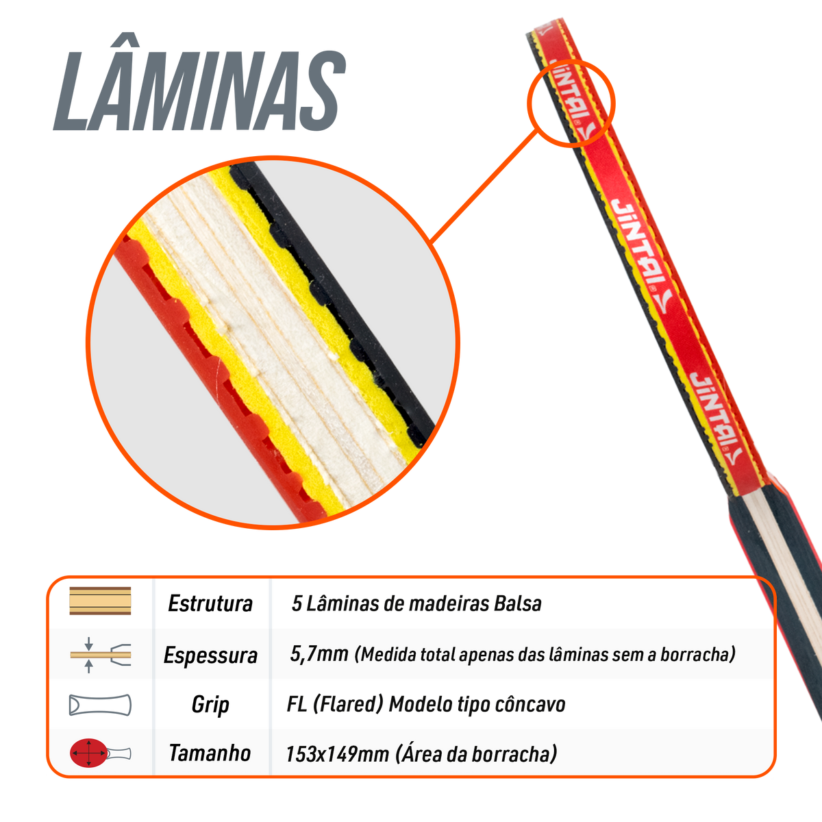 Raquete de Tênis de Mesa Jintai Flame — Borracha Aprovada pela ITTF