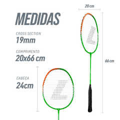 Kit Badminton 2 Raquetes de Aço e 3 Volantes de Nylon Loire - Laranja e Verde