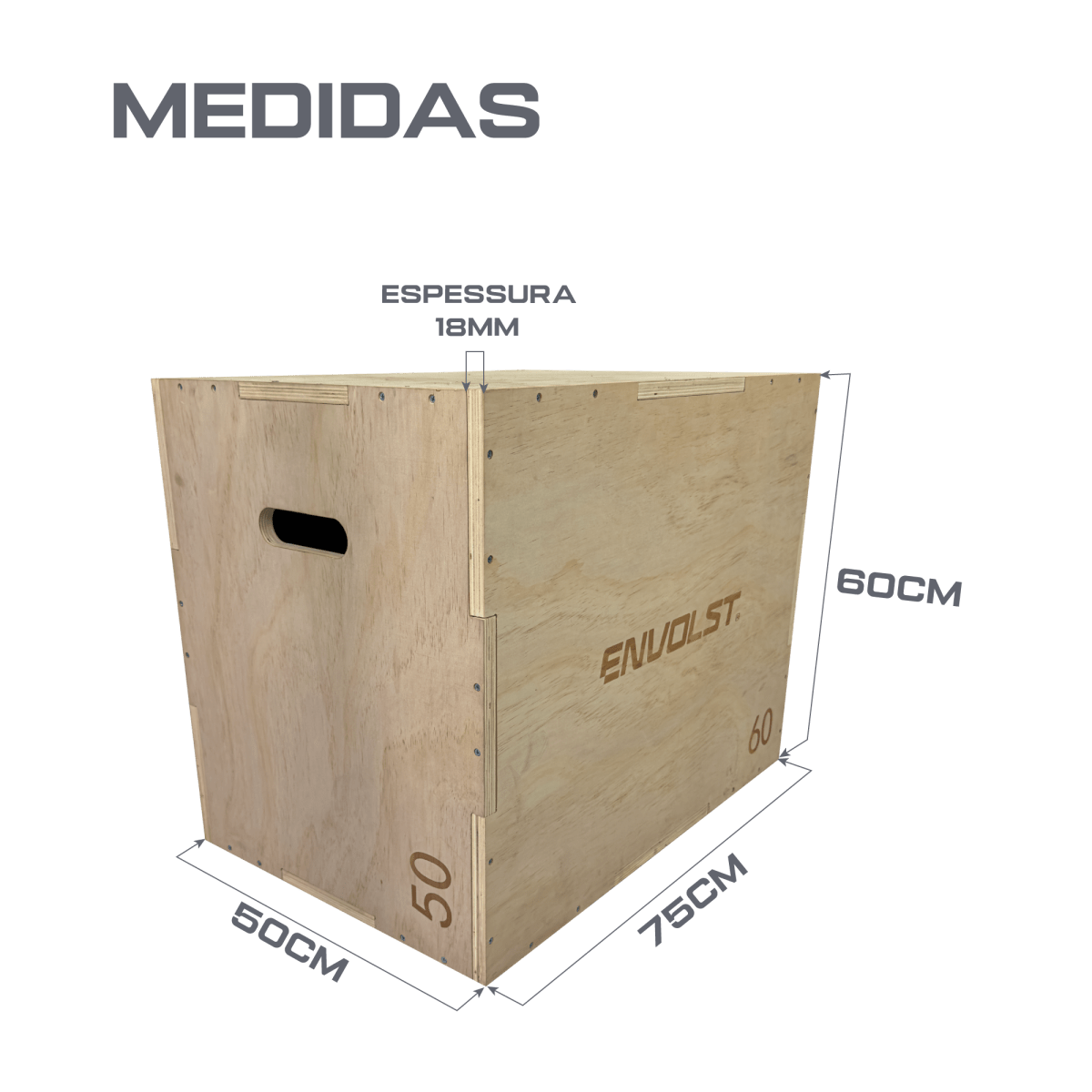 Caixa de Salto Plyo Box 3 em 1 Envolst 50x60x75cm Madeira 18mm