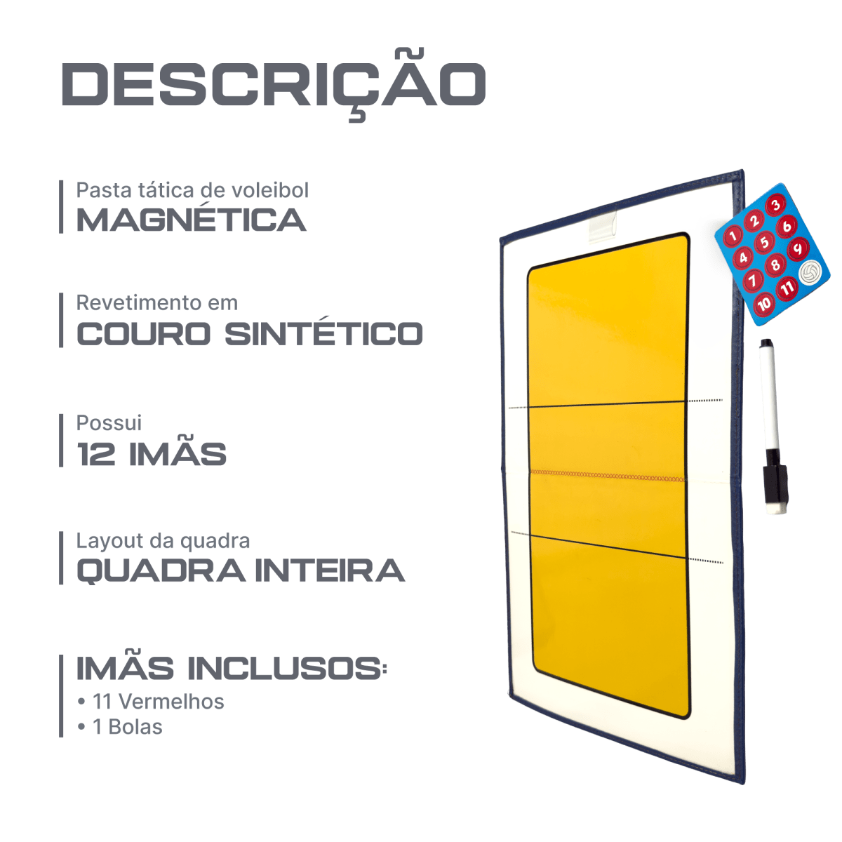 Prancheta Pasta Tática Magnética de Vôlei com Ímãs e Caneta Pista e Campo