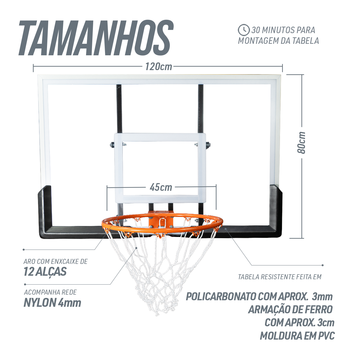 Tabela de basquete de parede quadro transparente de 120x80cm com aro e rede Velden