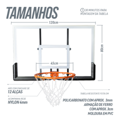 Tabela de basquete de parede quadro transparente de 120x80cm com aro e rede Velden