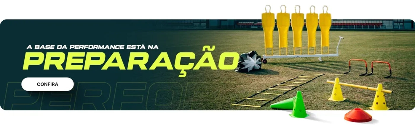 Banner com manequins, escada de agilidade, cones, barreiras e texto “A base da performance está na preparação”.