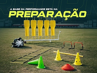 Banner com manequins, escada de agilidade, cones, barreiras e texto “A base da performance está na preparação”.