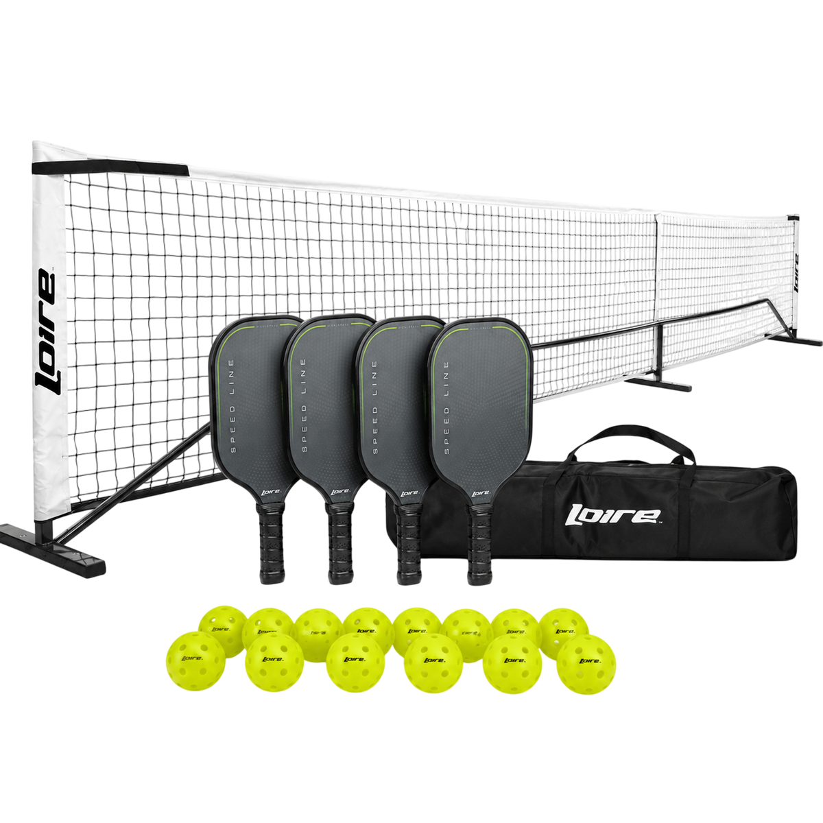 Kit Pickleball Loire Rede Portátil 6,7m + 4 Raquetes + 12 Bolas