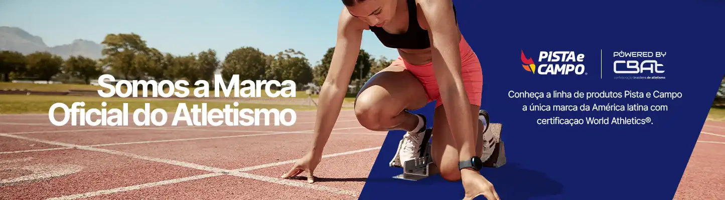 Mulher nos blocos de partida em pista de atletismo, com logos Pista e Campo e CBAt e mensagem de marca oficial.