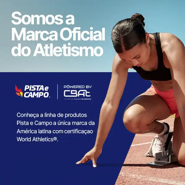 Mulher nos blocos de partida em pista de atletismo, com logos Pista e Campo e CBAt e mensagem de marca oficial.