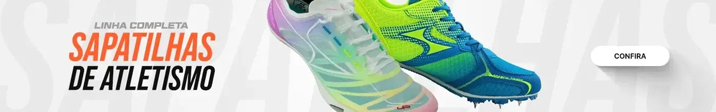 Banner com duas sapatilhas de atletismo coloridas, chamada “Linha completa” e botão “Confira”.