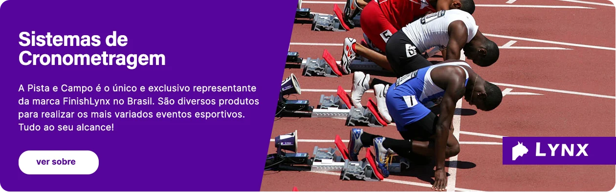 Banner com atletas nos blocos de partida, divulgação de sistemas de cronometragem e logotipo Lynx.