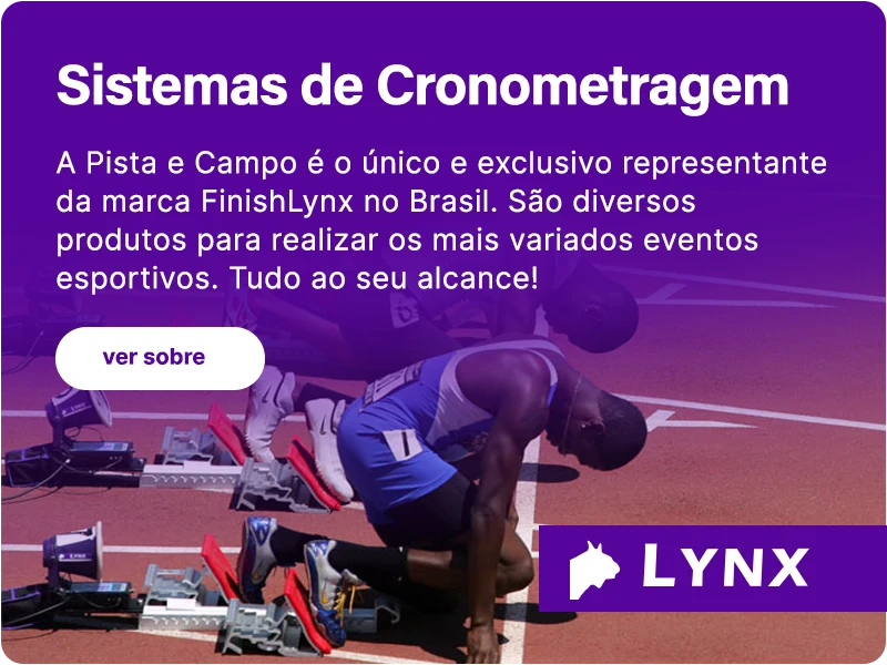 Banner com atletas nos blocos de partida, divulgação de sistemas de cronometragem e logotipo Lynx.