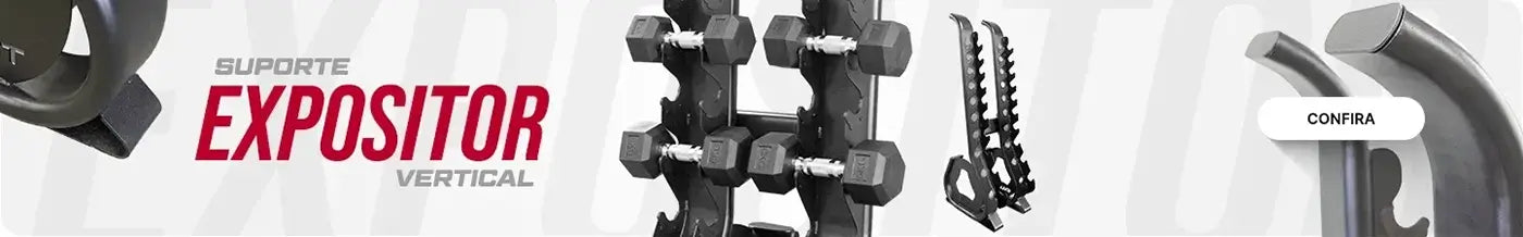 Banner com suporte expositor vertical preto para halteres e botão “Confira”.
