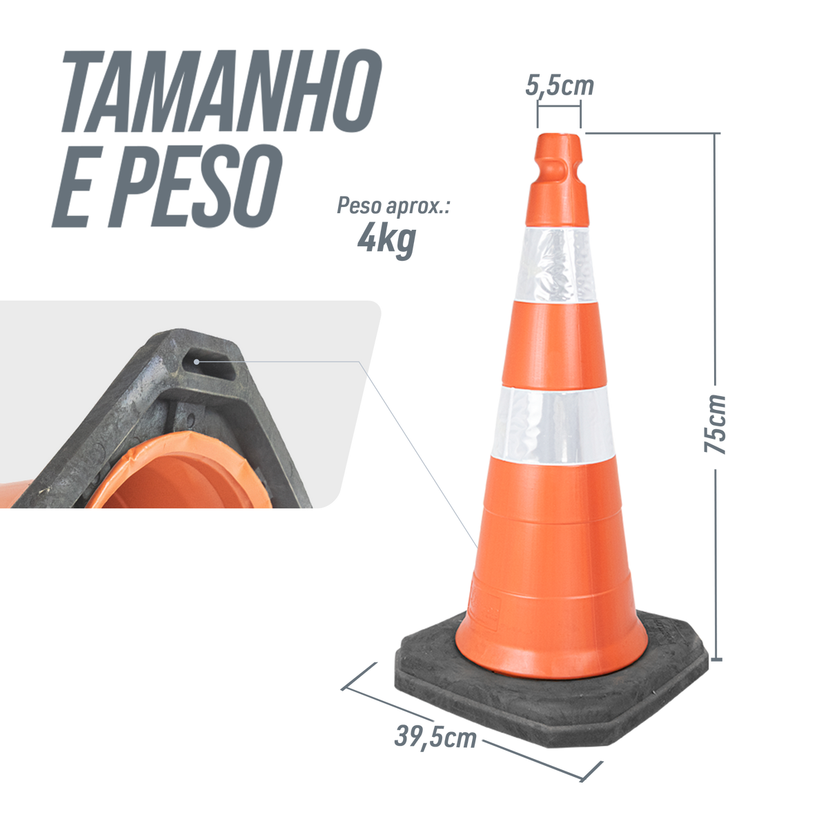 Cone de sinalização semi flexível refletivo 75cm com base de borracha Telbras