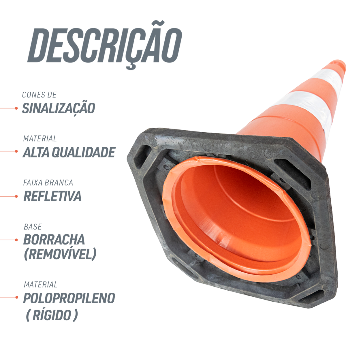 Cone de sinalização semi flexível refletivo 75cm com base de borracha Telbras
