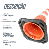 Cone de sinalização semi flexível refletivo 75cm com base de borracha Telbras
