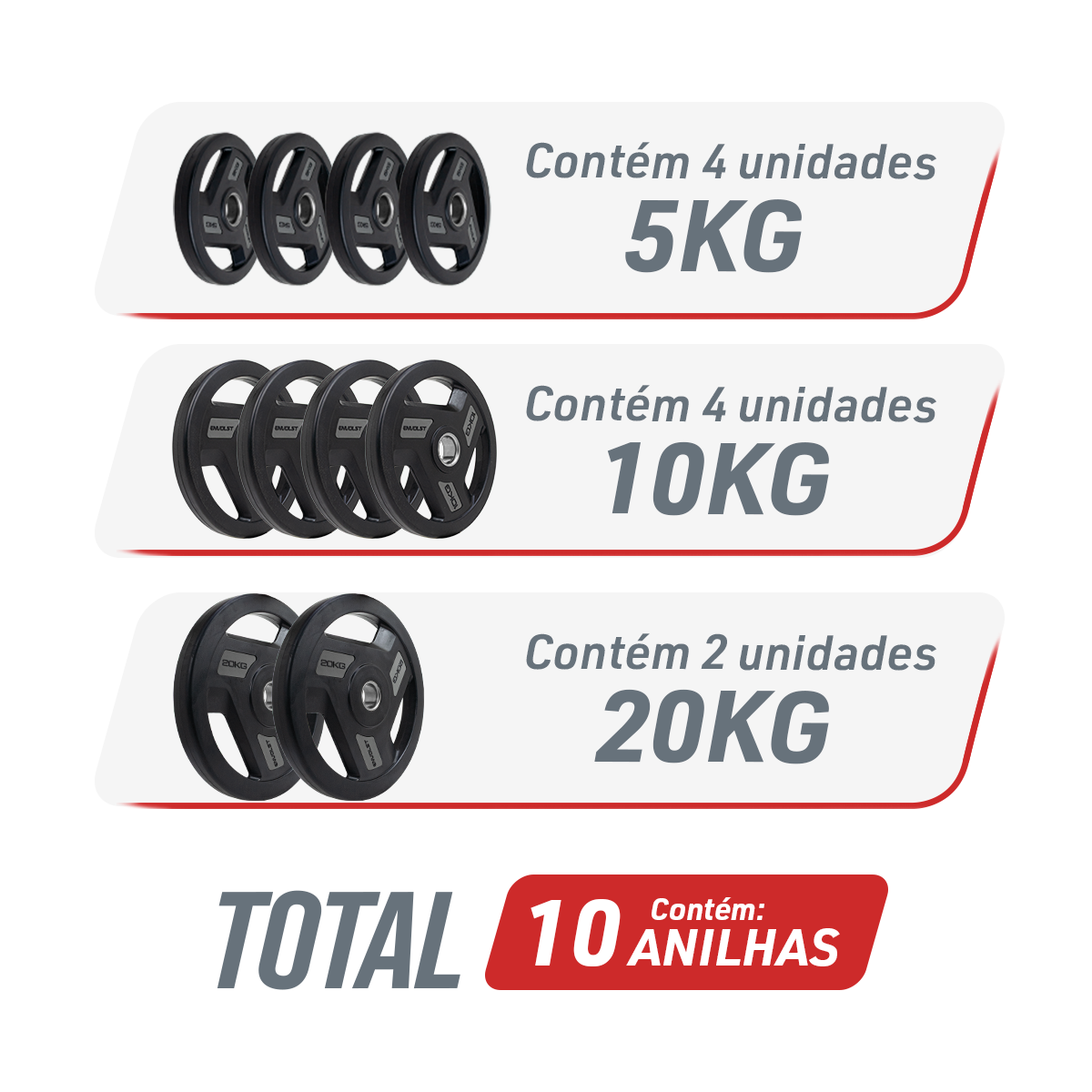 Kit 100kg Anilhas Olímpicas Vulcanizadas Envolst - 5 a 20kg