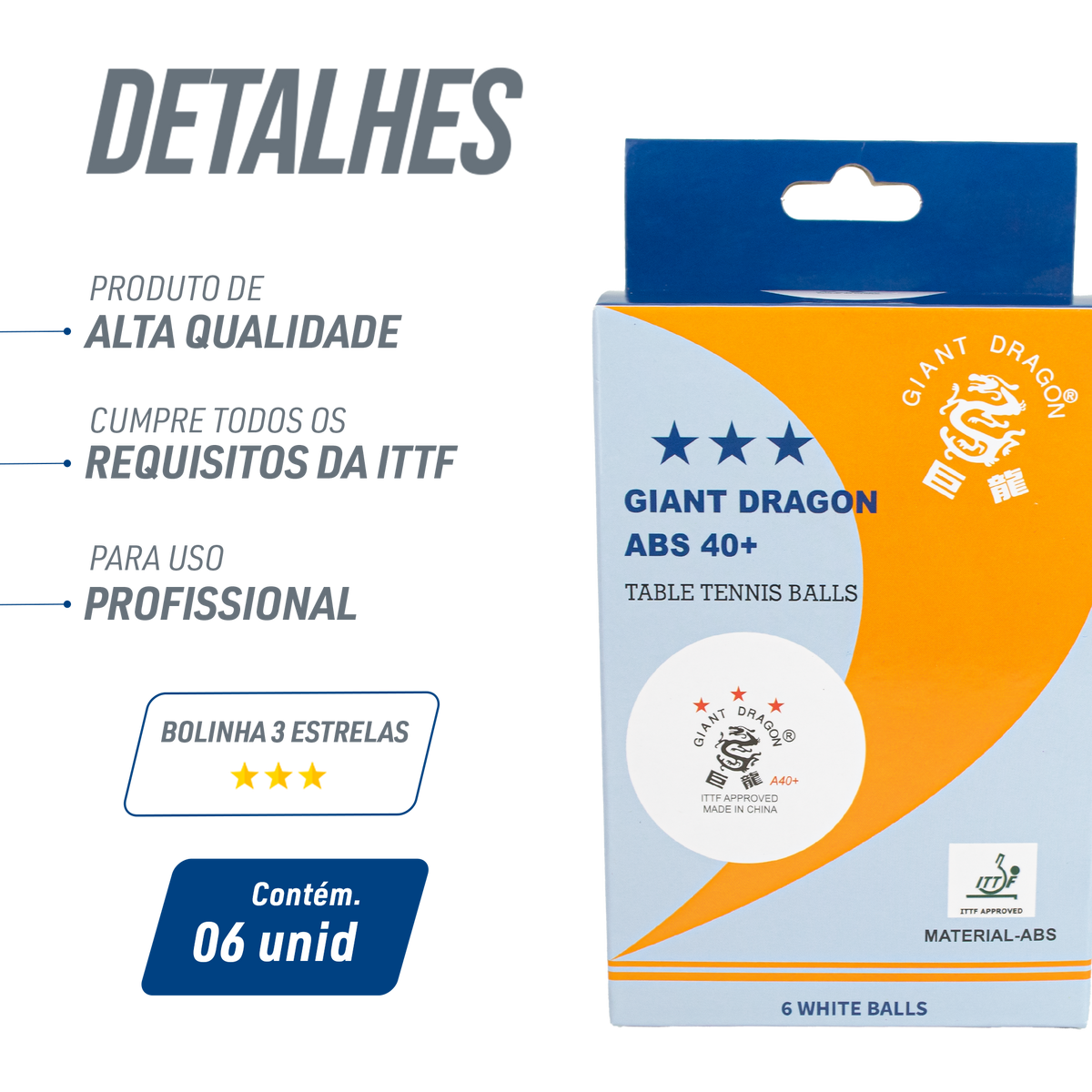 Bolinhas Tênis de Mesa Giant Dragon 3 Estrelas ITTF ABS 40+ 6un