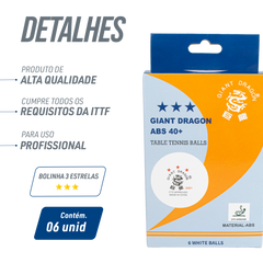 Bolinhas Tênis de Mesa Giant Dragon 3 Estrelas ITTF ABS 40+ 6un