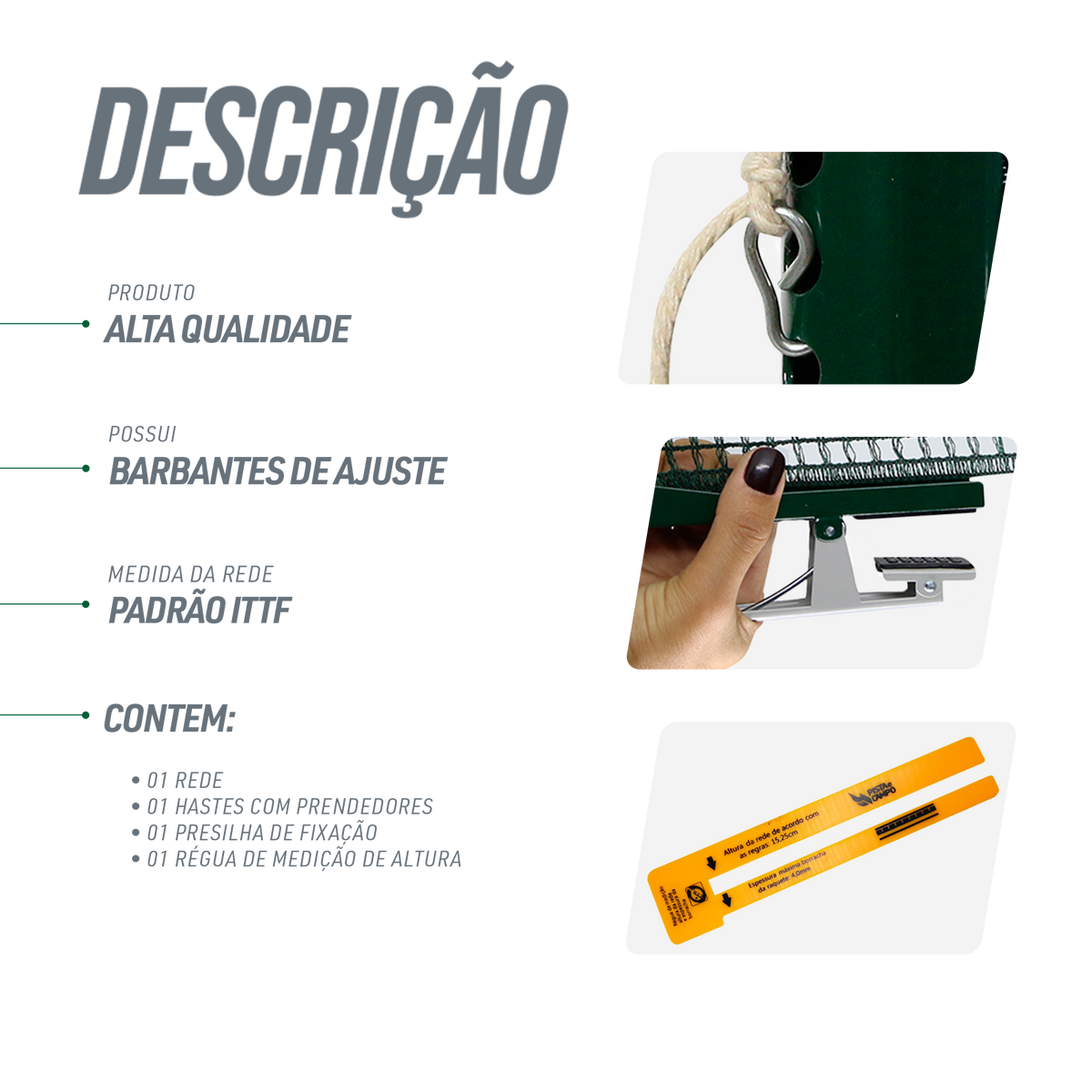 Kit Rede de Tênis de Mesa Pista e Campo - Suporte Jacaré e Régua