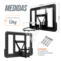 Tabela de basquete de parede quadro transparente de 110x74cm com aro e rede Pista e Campo