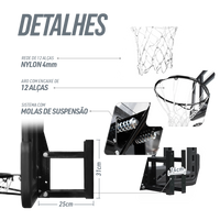 Tabela de basquete de parede quadro transparente de 110x74cm com aro e rede Pista e Campo