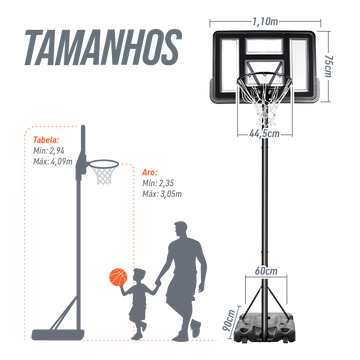 Tabela de basquete adulto móvel com poste, tabela de acrílico e aro modelo premium Pista e Campo