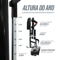 Tabela de basquete adulto móvel com poste, tabela de acrílico e aro modelo premium Pista e Campo