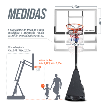 Tabela de basquete adulto móvel com poste, tabela e aro modelo top Velden