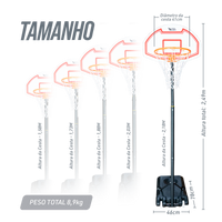 Tabela de basquete infantil juvenil móvel com poste, tabela plástica e aro Velden