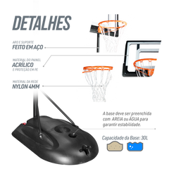 Tabela de basquete infantil juvenil móvel com poste, tabela transparente e aro Velden