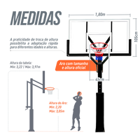 Poste fixo com tabela transparente, aro e rede de basquete oficial adulto premium Velden