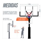 Poste fixo com tabela transparente, aro e rede de basquete oficial adulto premium Velden