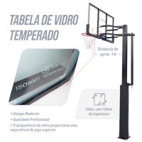 Poste fixo com tabela transparente, aro e rede de basquete oficial adulto premium Velden