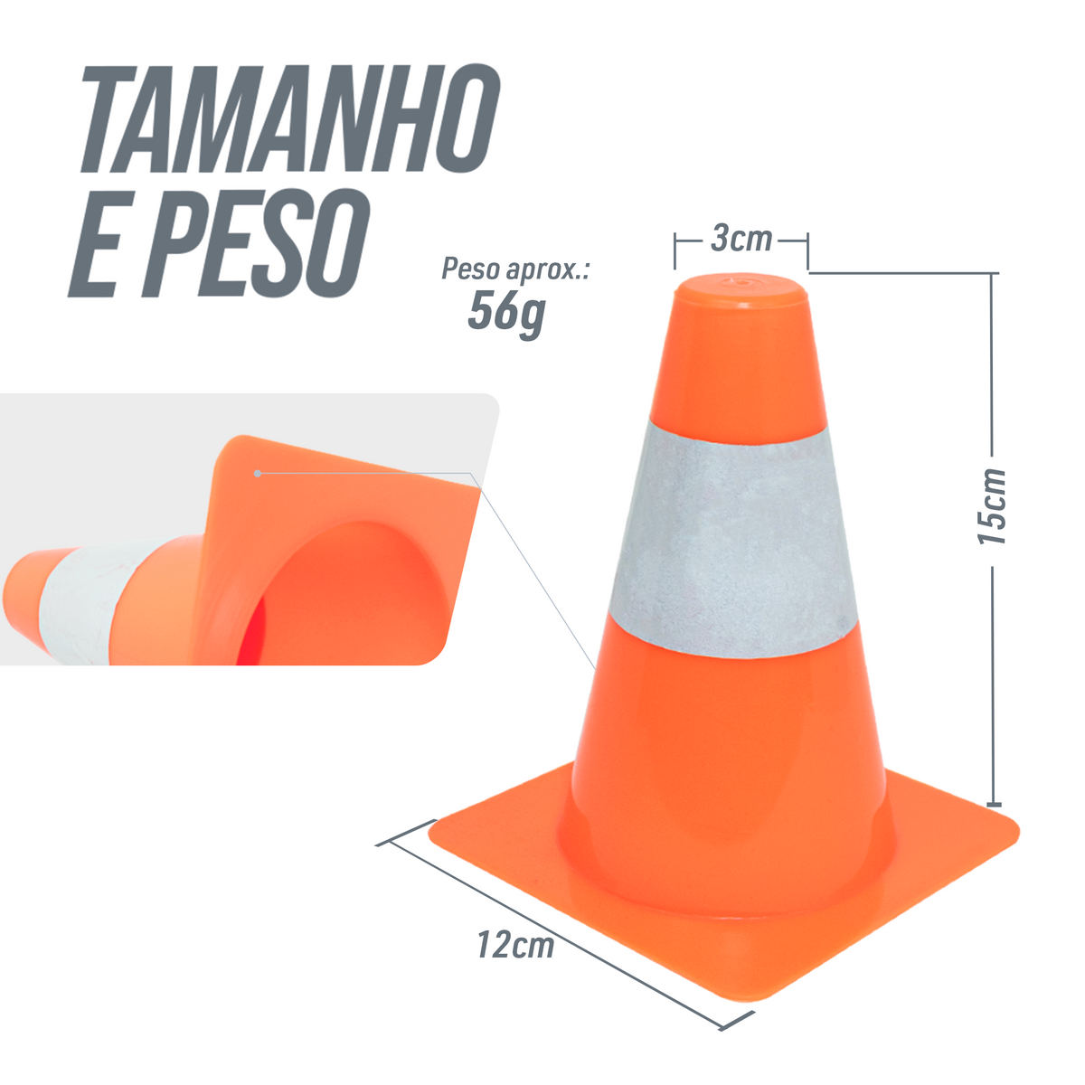 Cone de sinalização de plástico 15cm de altura laranja com faixa branca refletiva Pista e Campo