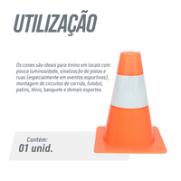 Cone de sinalização de plástico 15cm de altura laranja com faixa branca refletiva Pista e Campo