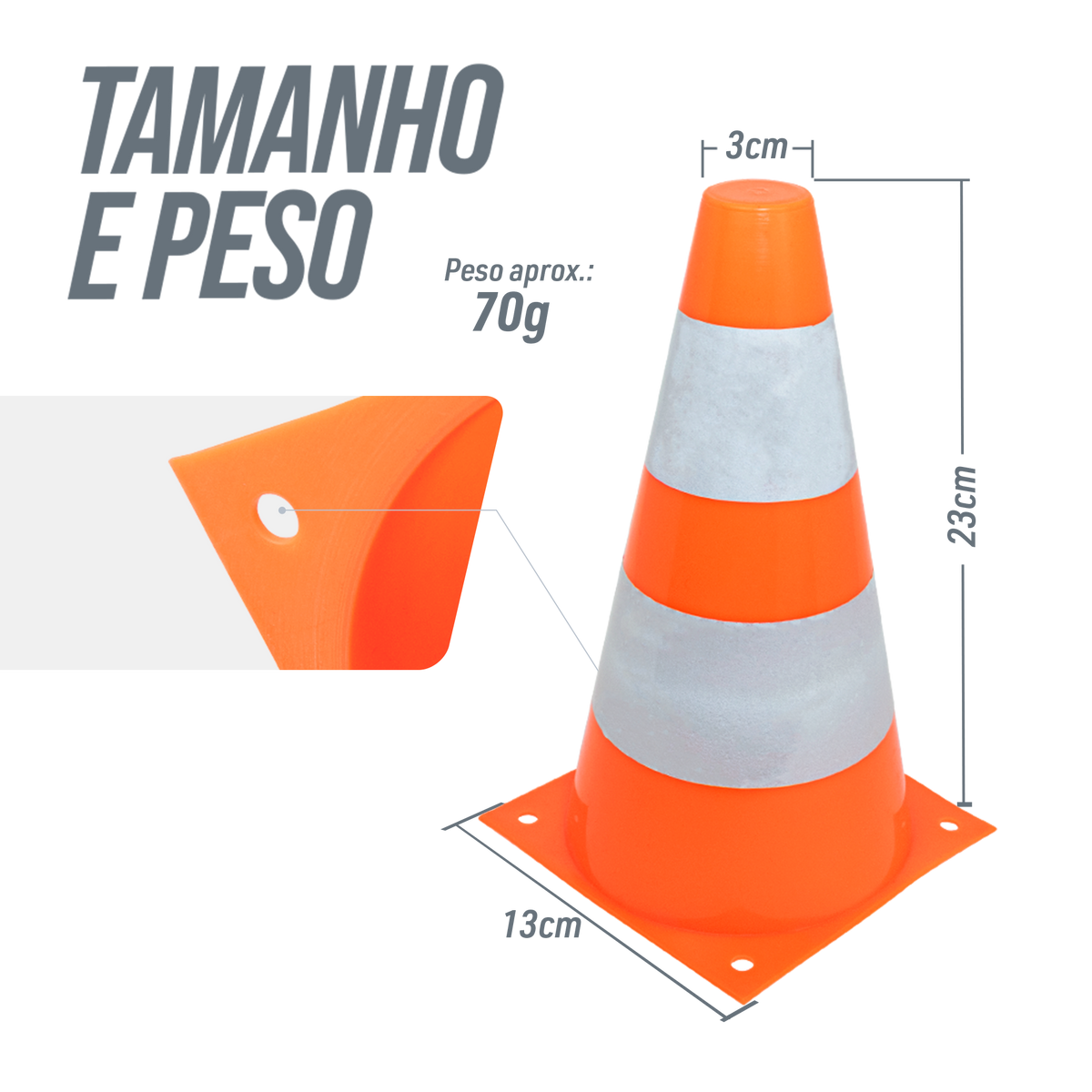 Cone de sinalização de plástico 23cm de altura laranja com faixas brancas refletivas Pista e Campo