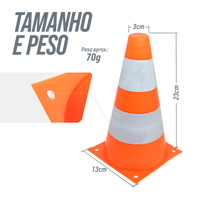 Cone de sinalização de plástico 23cm de altura laranja com faixas brancas refletivas Pista e Campo