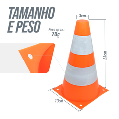 Cone de sinalização de plástico 23cm de altura laranja com faixas brancas refletivas Pista e Campo