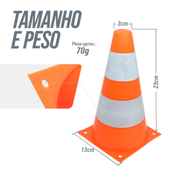 Cone de sinalização de plástico 23cm de altura laranja com faixas brancas refletivas Pista e Campo