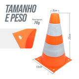 Cone de sinalização de plástico 23cm de altura laranja com faixas brancas refletivas Pista e Campo