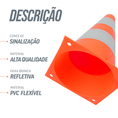 Cone de sinalização de plástico 23cm de altura laranja com faixas brancas refletivas Pista e Campo